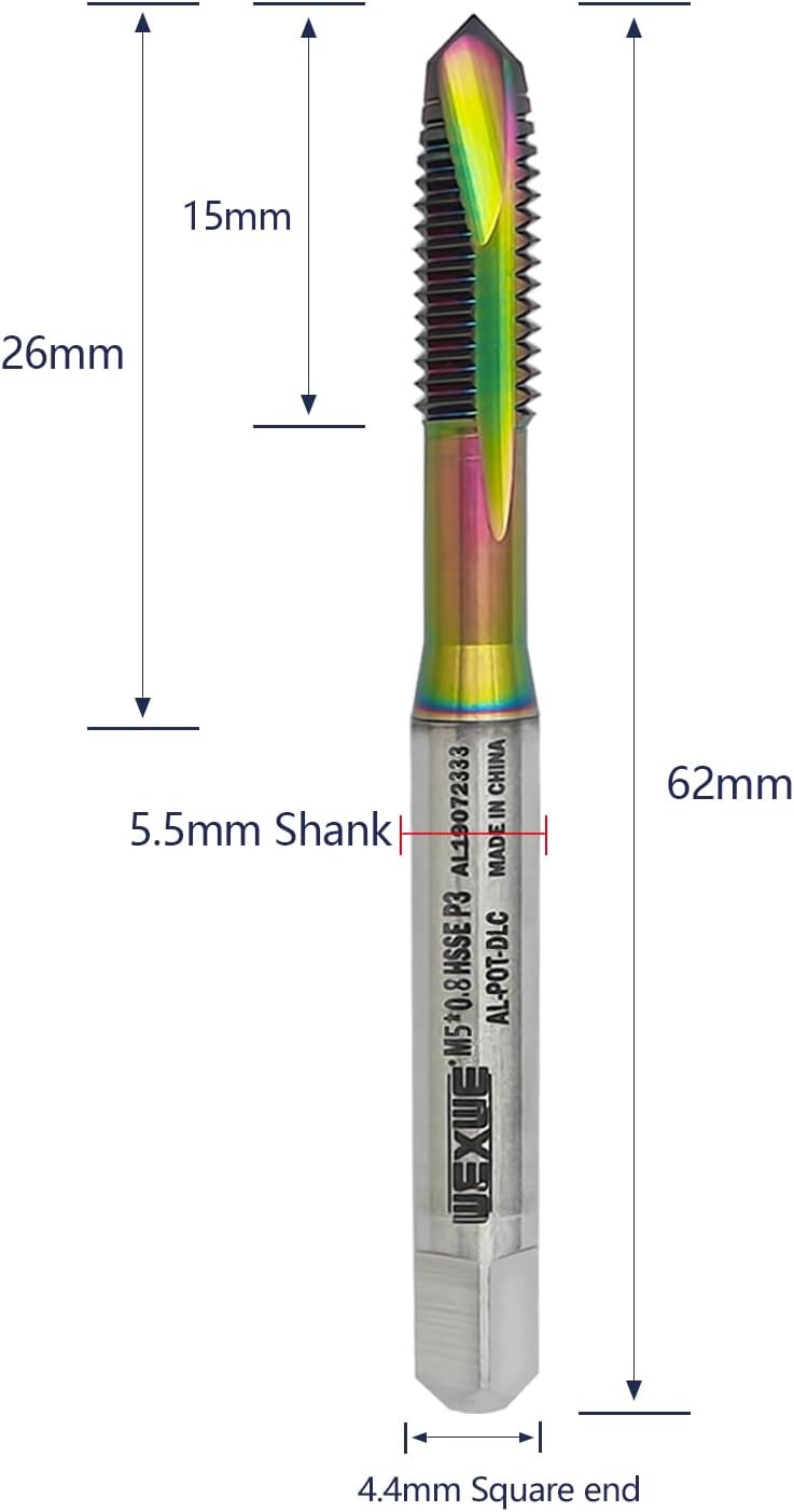 WEXWE Store Tools M5 x 0.8 Spiral Point Threading Tap, Metric Machine Threading Tap High Speed Steel Cobalt(HSSCo) With DLC Coating, Round Shank with Square End， H2 Tolerance, 2pcs - Image 2